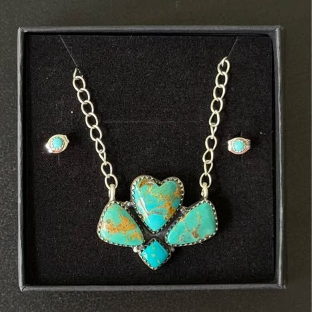 Sterling Silver Turquoise Heart Necklace + Stud Earrings Set — 18”